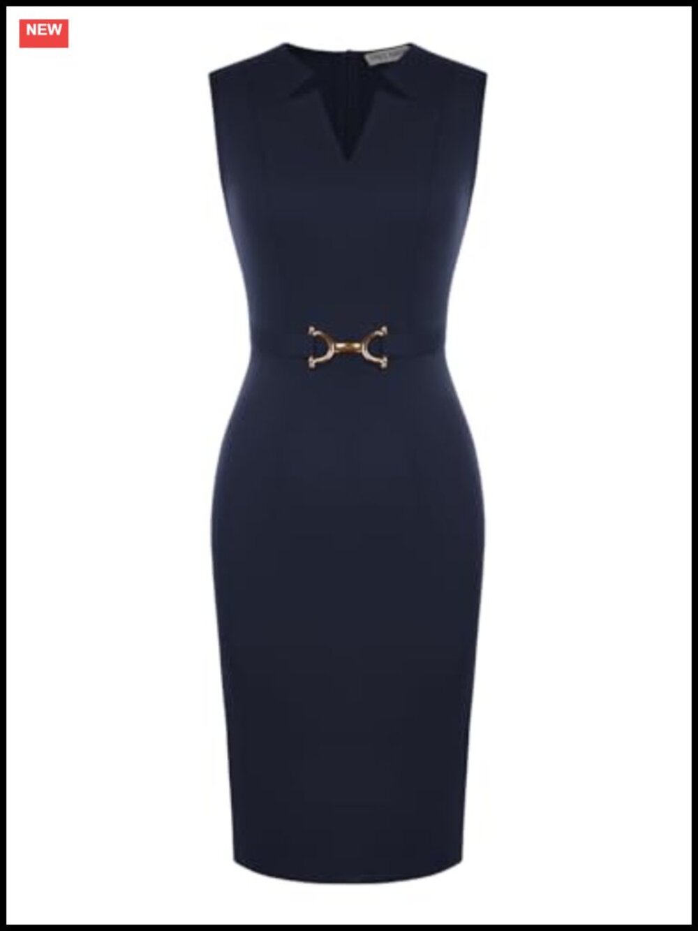 Sleeveless V-Neck Midi Bodycon Work Dress with Metal Waist Rings